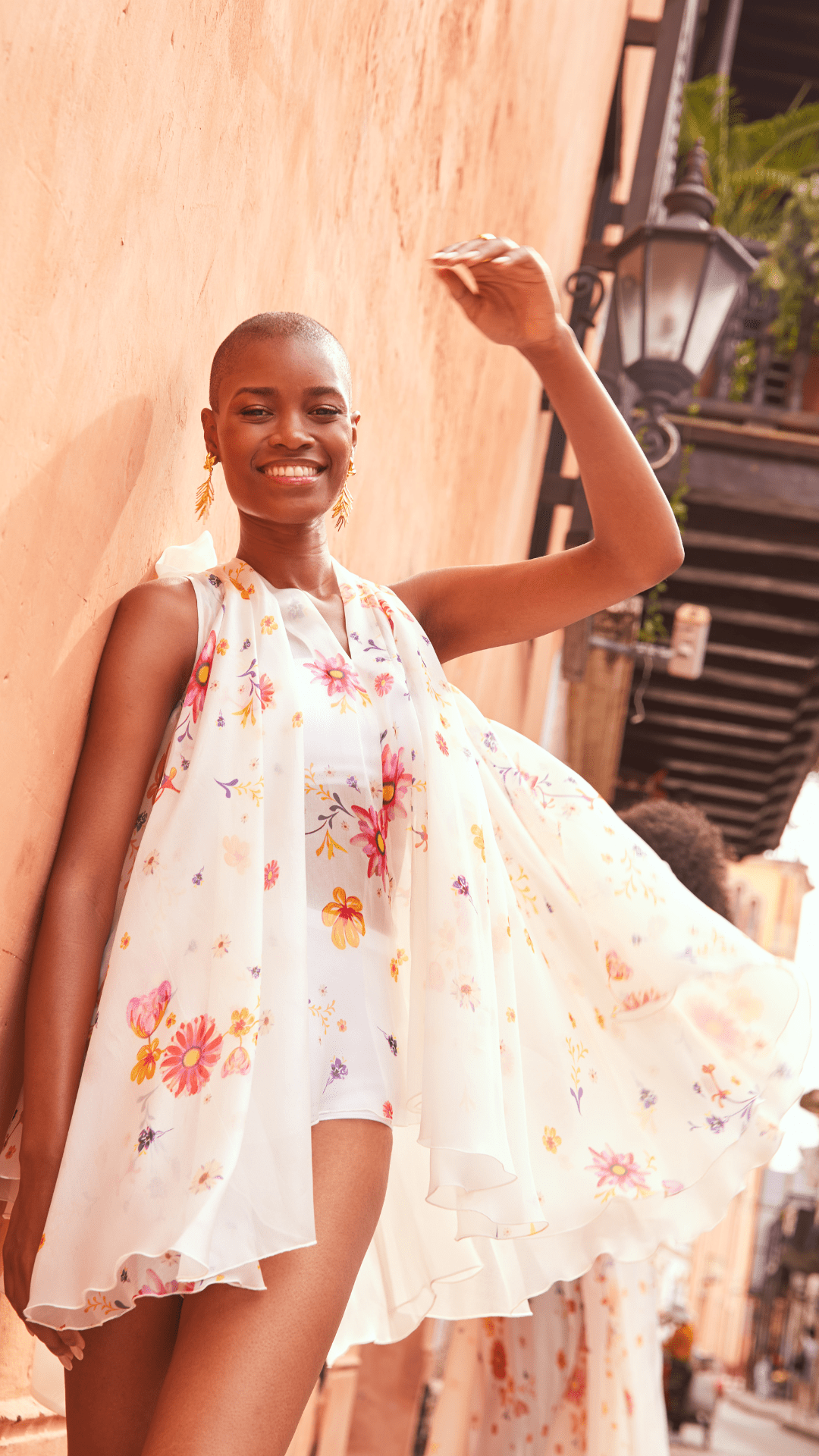 Exaggerated Bow Flora Silk Organza Top In Ivory Bloom