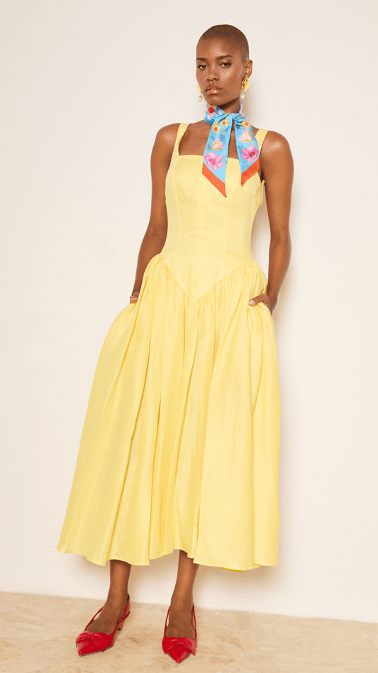 Basque Waist Linen Midi Dress In Daisy Yellow