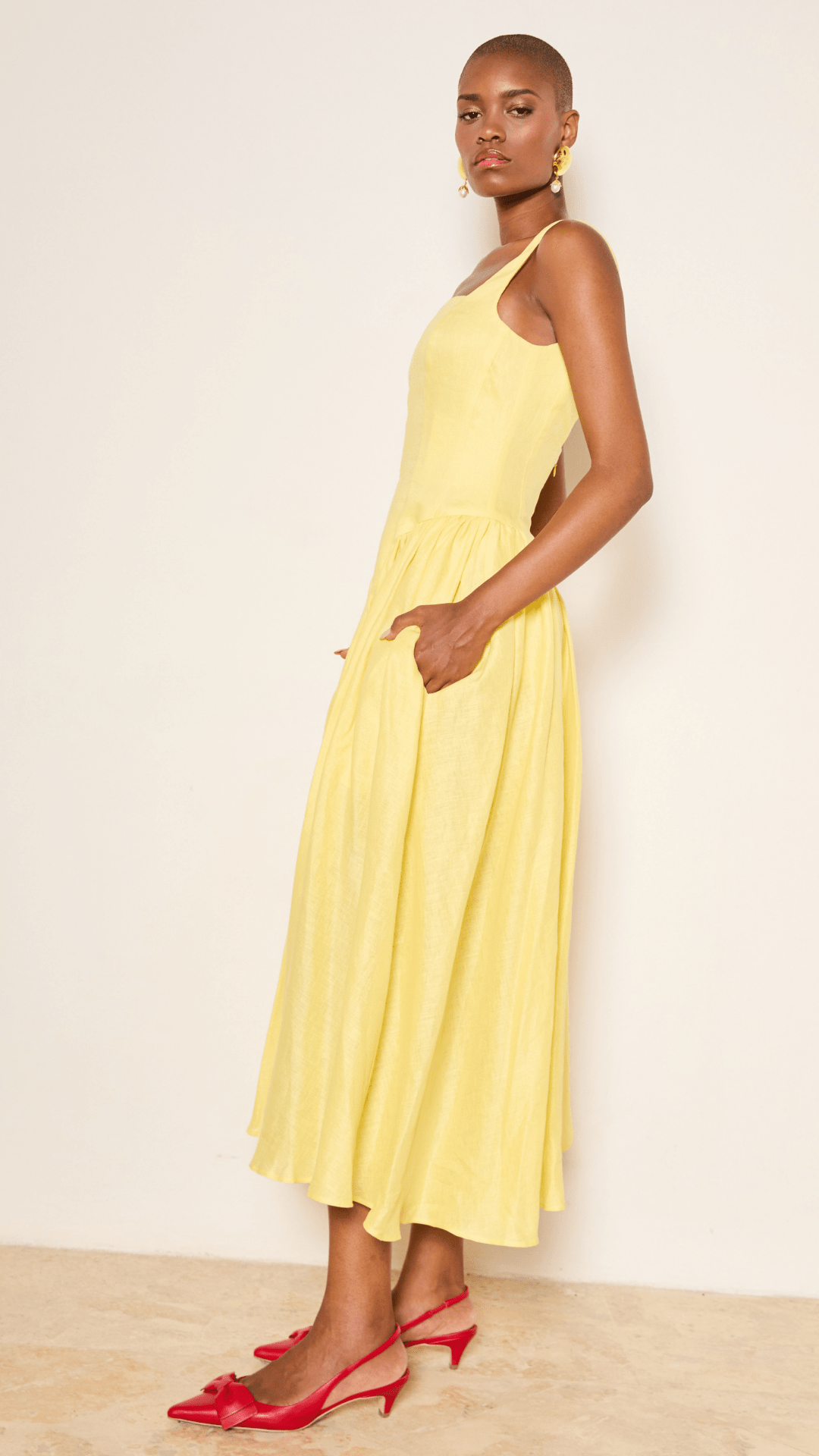 knee length dresses for ladies Yellow Linen Dress with Pockets. Minimalist Style Sustainable Ruffle Dresses S / knee length dresses for ladies Yellow Linen Dress with Pockets. Minimalist Style Sustainable Ruffle Dresses S /