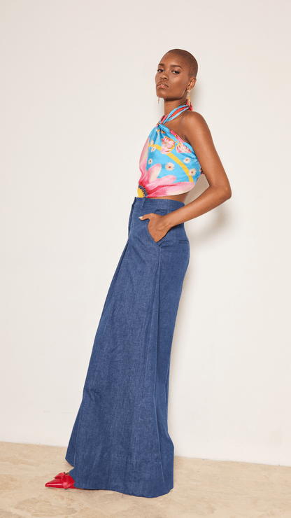 Pleated High Waist Denim Trousers