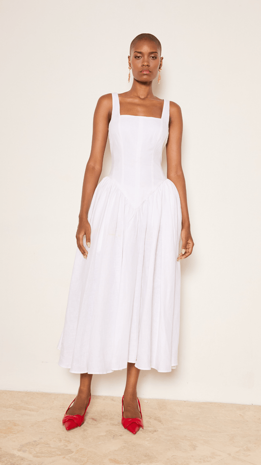 Basque Wait Linen Midi Dress In Daisy White