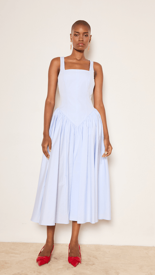 Basque Waist Cotton Midi Dress in Daisy Blue