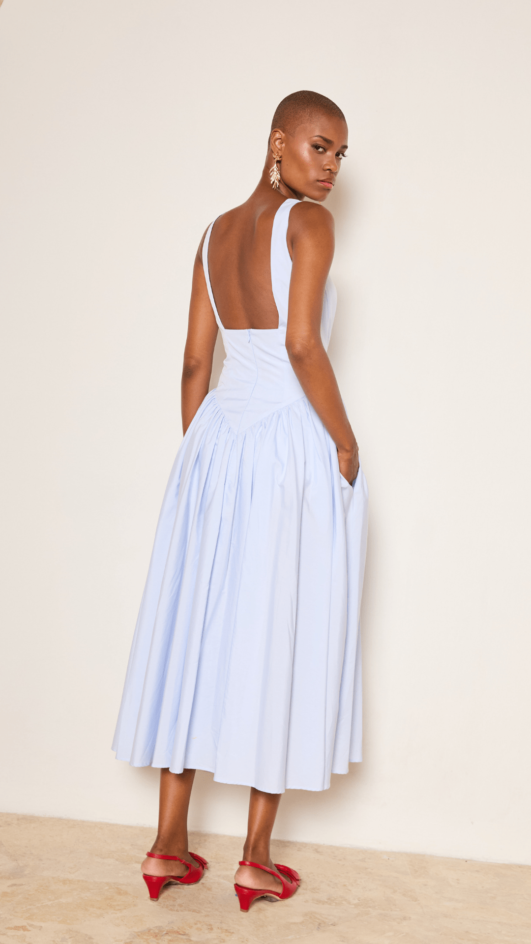 Basque Waist Cotton Midi Dress in Daisy Blue