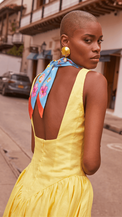 Basque Linen Midi Dress In Daisy Yellow