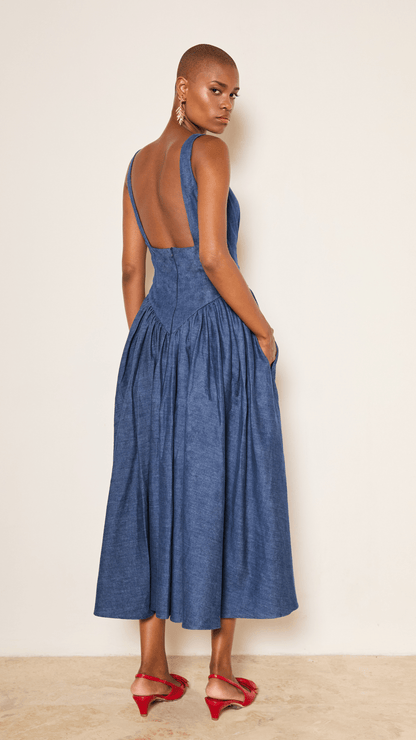 Basque Denim Midi Dress