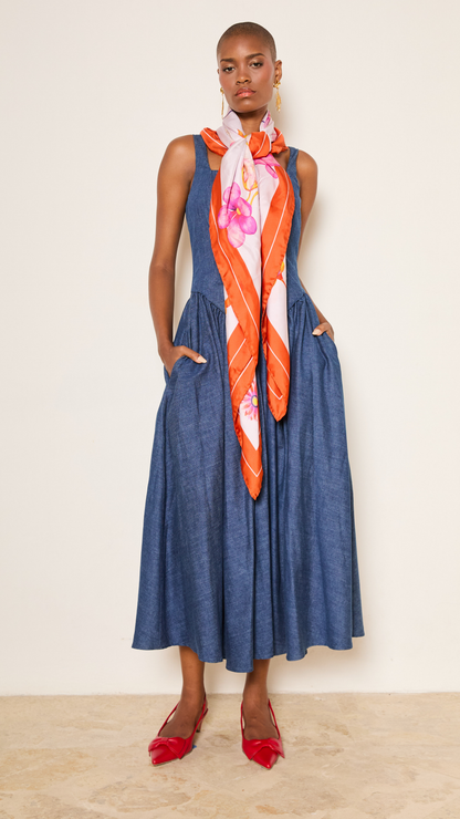 Basque Denim Midi Dress In Indigo