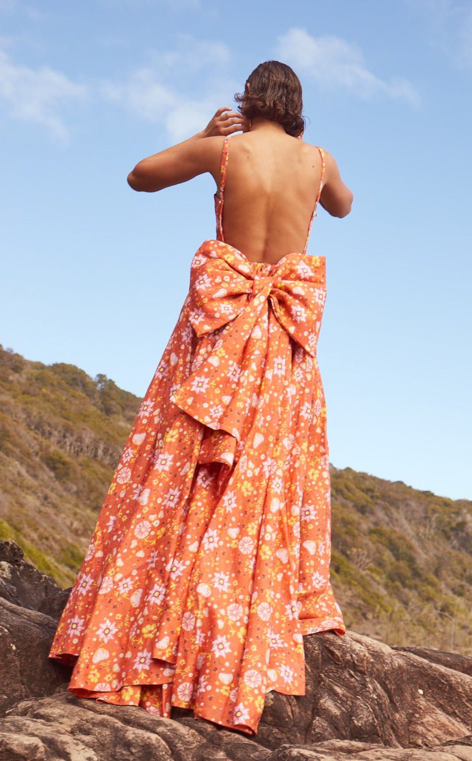 Open Back Linen Gown In Daylily Orange