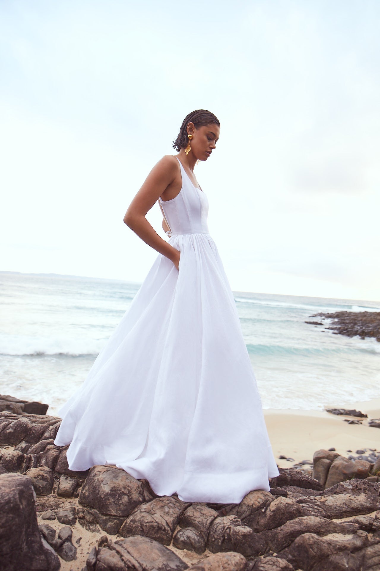 Open Back Linen Gown In Daisy White