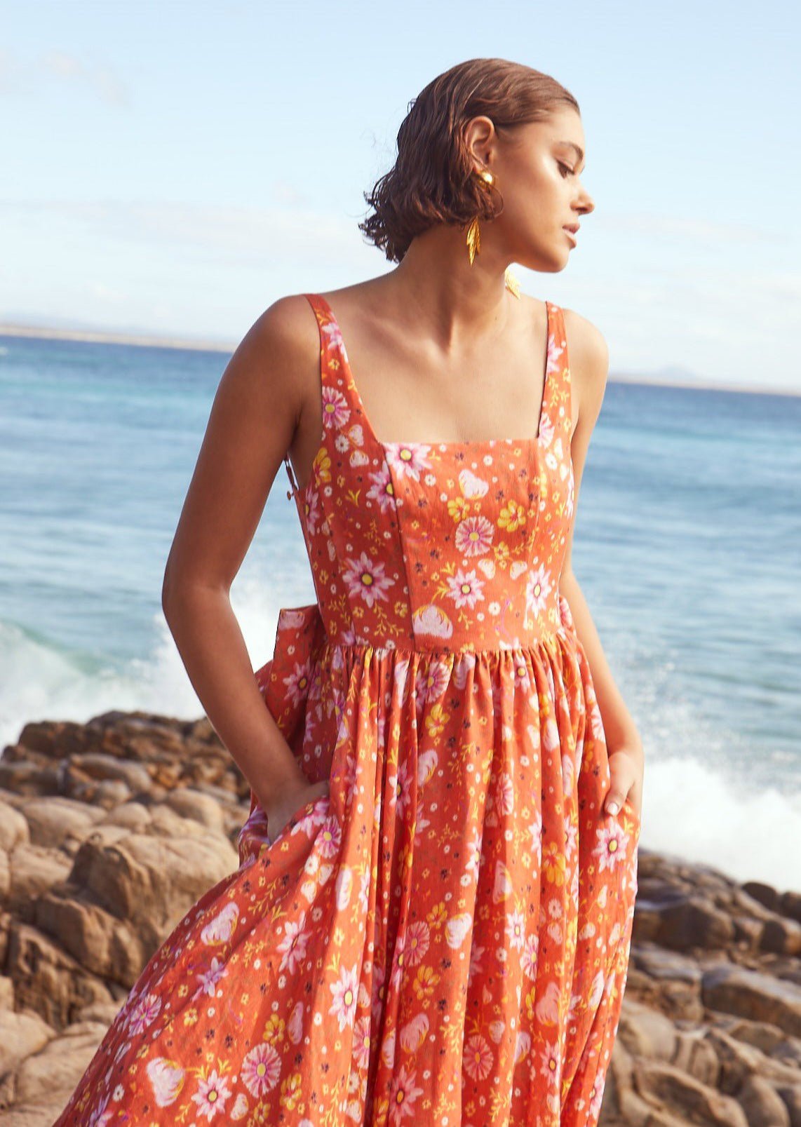 Open Back Linen Gown In Daylily Orange