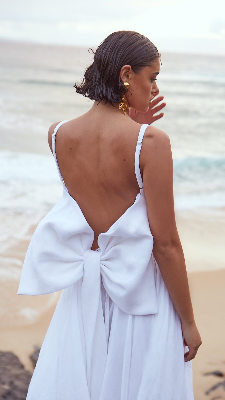 Open Back Linen Gown In Daisy White