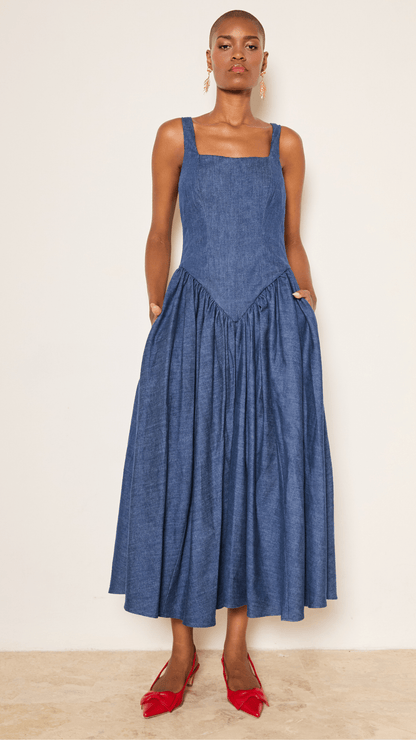 
Basque Denim Midi Dress In Indigo