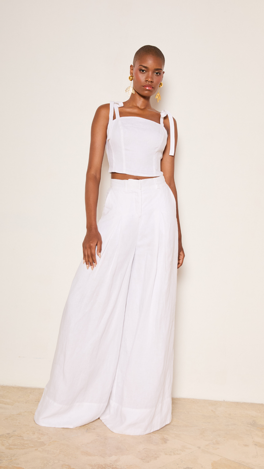 Pleated High Waisted Linen Trousers In Daisy White