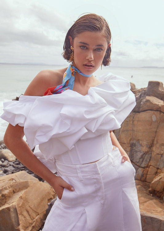 Ruffle Crop Top In Daisy White