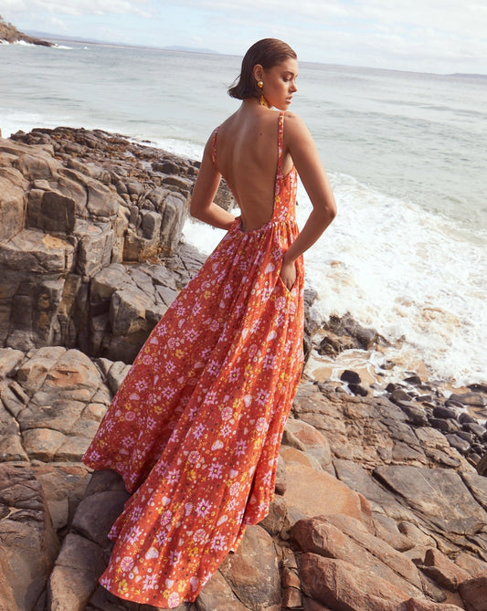 Open Back Linen Gown In Daylily Orange