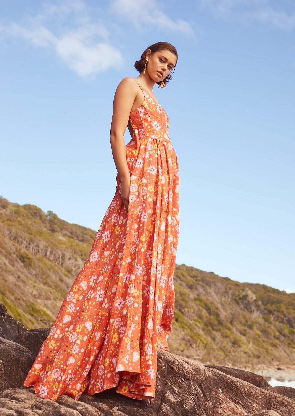 Open Back Linen Gown In Daylily Orange